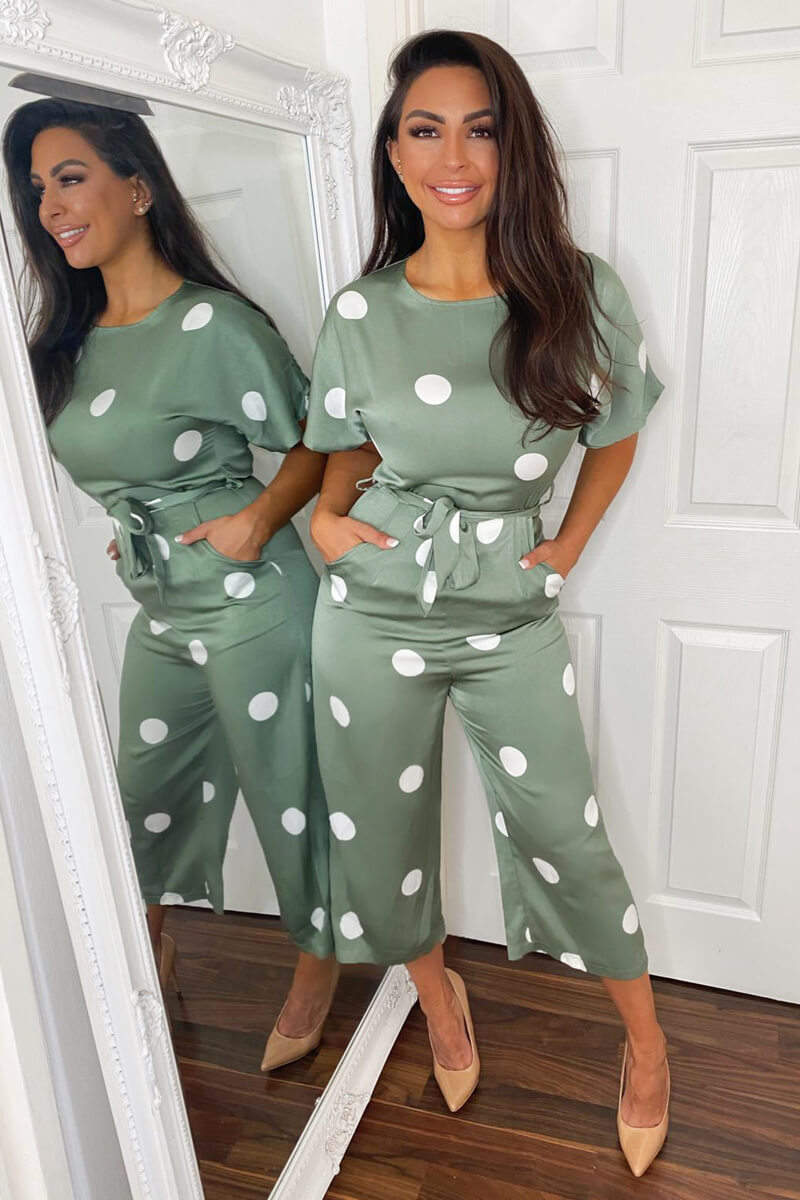 Green Dot Print Tie Waist Jumpsuit