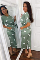 Green Dot Print Tie Waist Jumpsuit