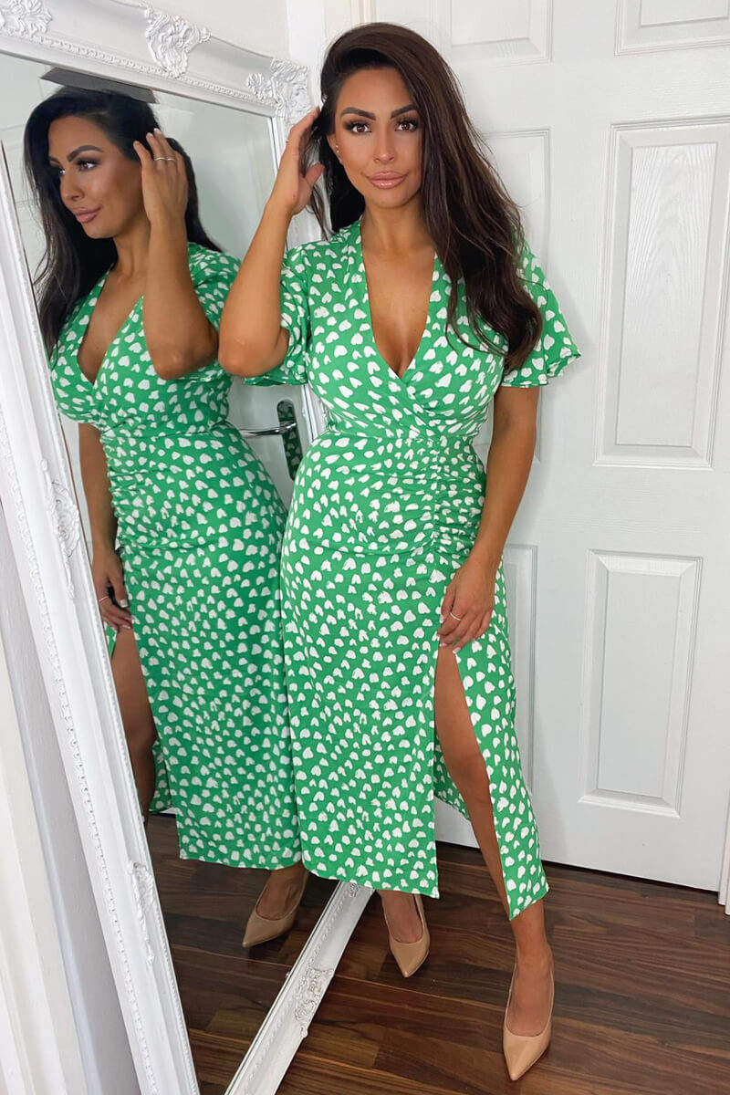 Green Heart Print Midi Dress