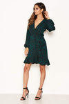 Green Leopard Print Long Sleeve Wrap Dress