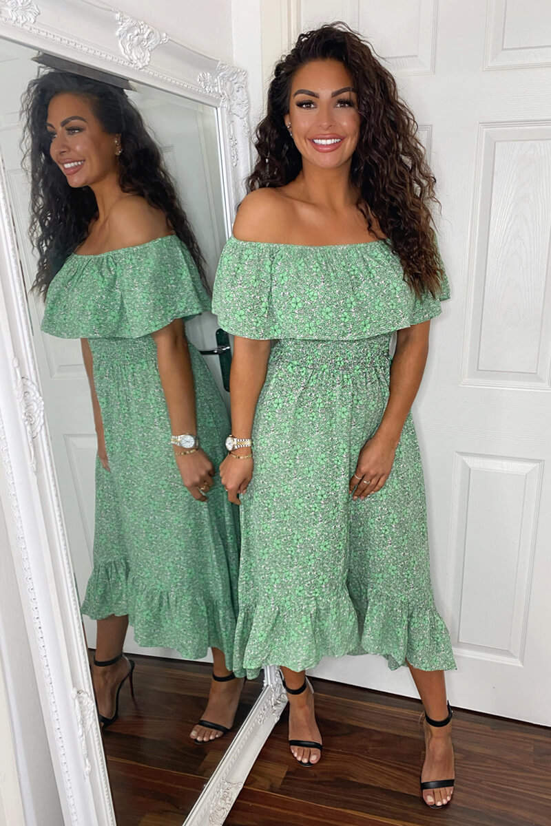 Green Printed Bardot Style Midi Dress