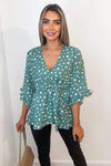 Green Printed Frill Sleeve Wrap Top