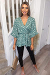 Green Printed Frill Sleeve Wrap Top