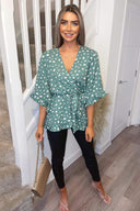 Green Printed Frill Sleeve Wrap Top