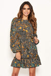 Green Printed Tie Waist Ruffle Hem Dress