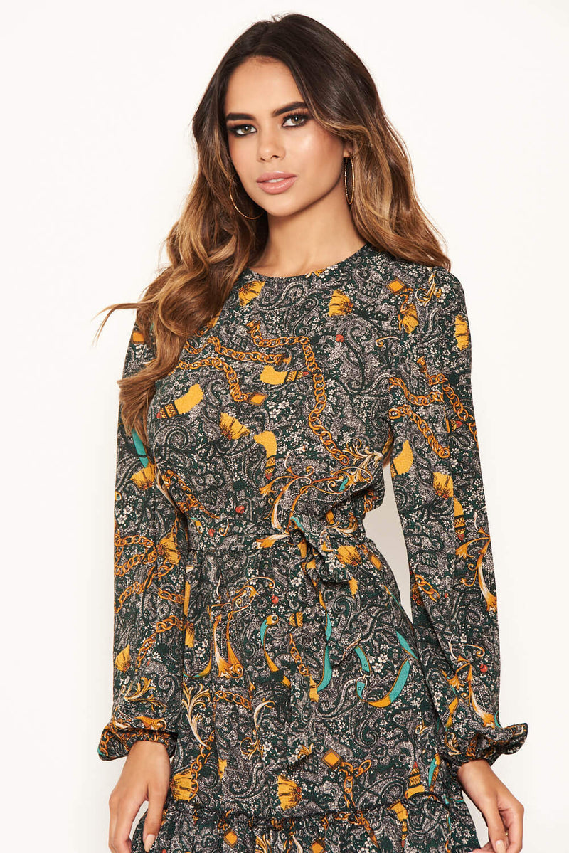 Green Printed Tie Waist Ruffle Hem Dress