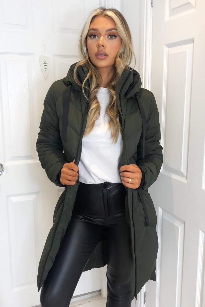 Khaki Hooded Long Line Puffer Coat