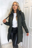 Khaki Hooded Long Line Puffer Coat