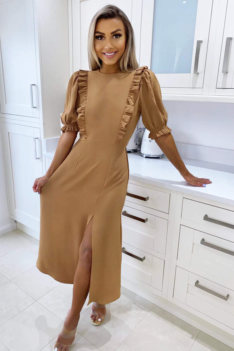 Mocha Ruffle Split Leg Midi Dress