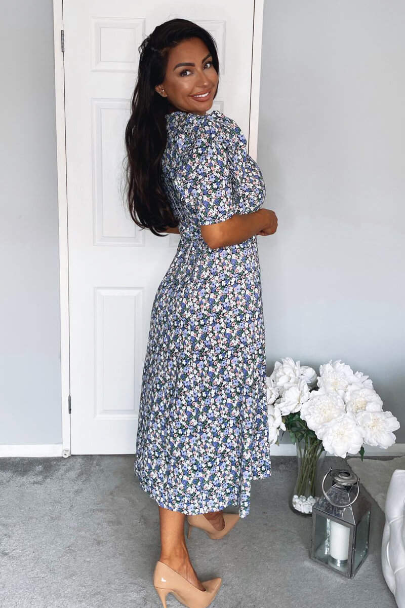 Multi Floral Pleated Sleeve Midi Dress