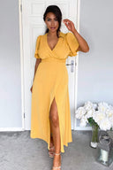 Mustard Gathered Waist Midi Dress