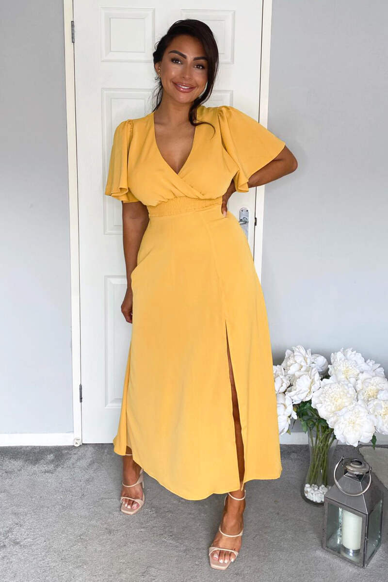 Mustard Gathered Waist Midi Dress