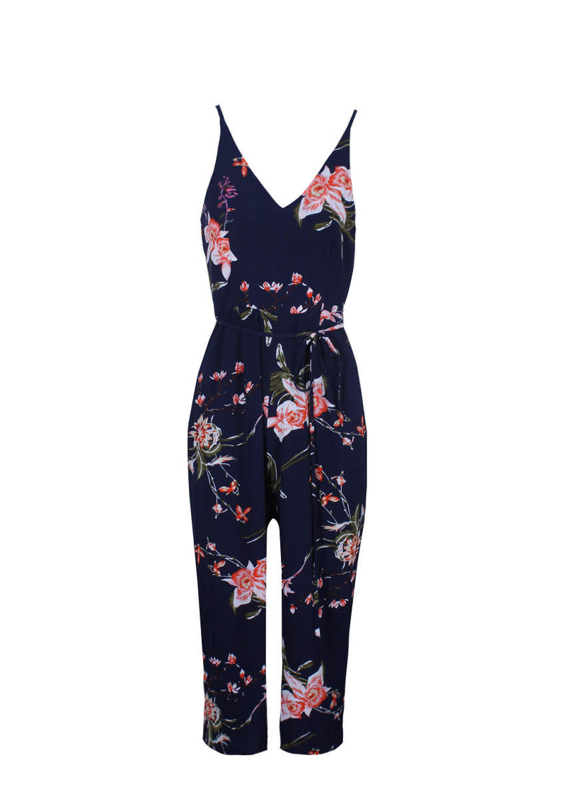 Navy Floral Print Culotte Jumpsuit