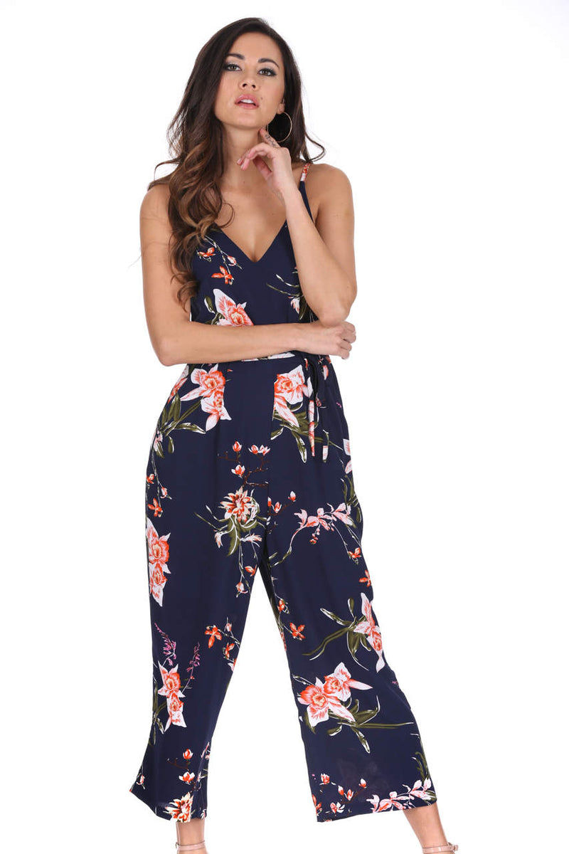 Navy Floral Print Culotte Jumpsuit