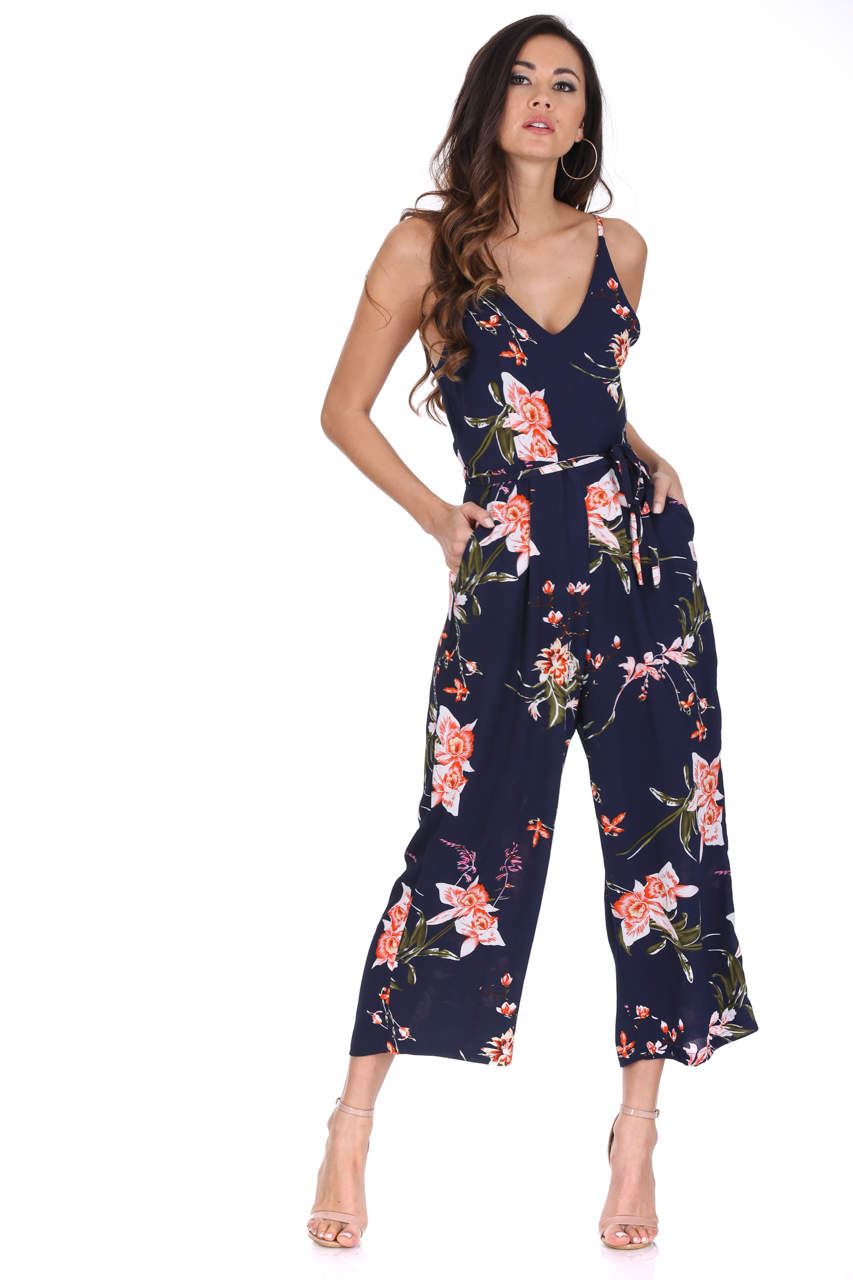 Navy Floral Print Culotte Jumpsuit AX Paris