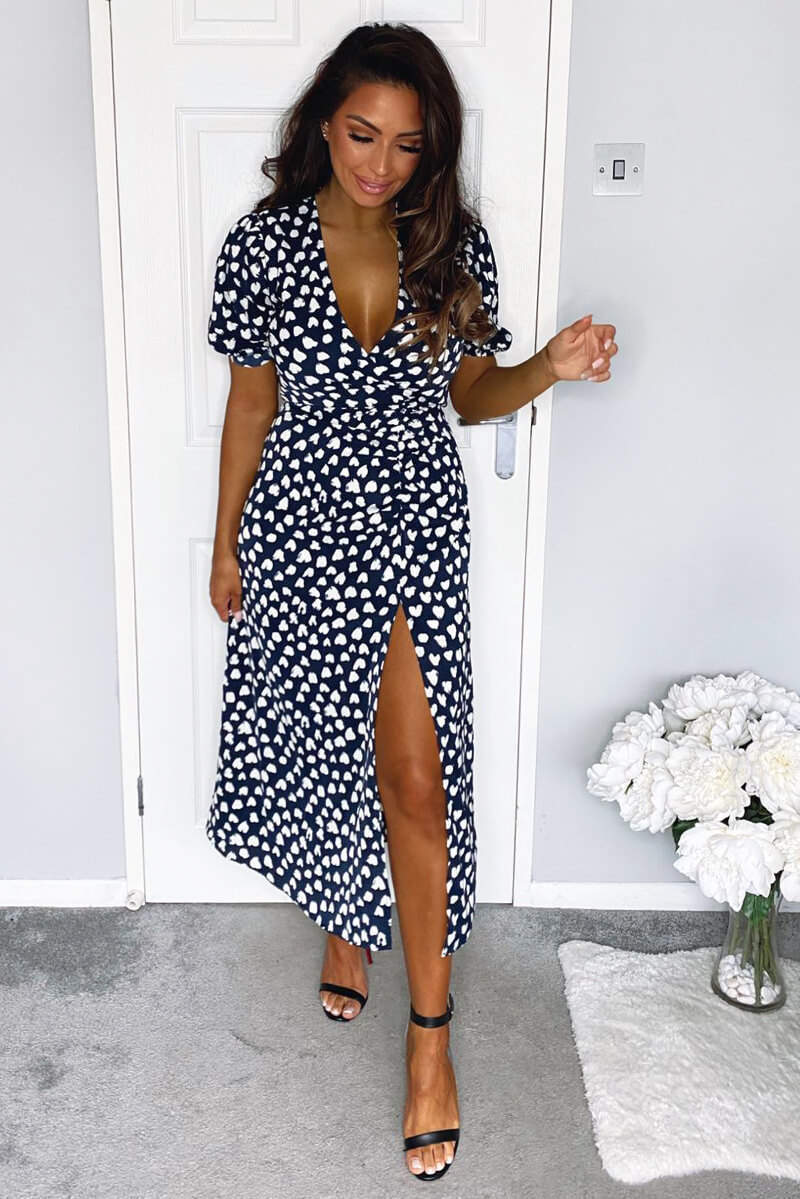 Navy Heart Print Short Sleeve Midi Dress