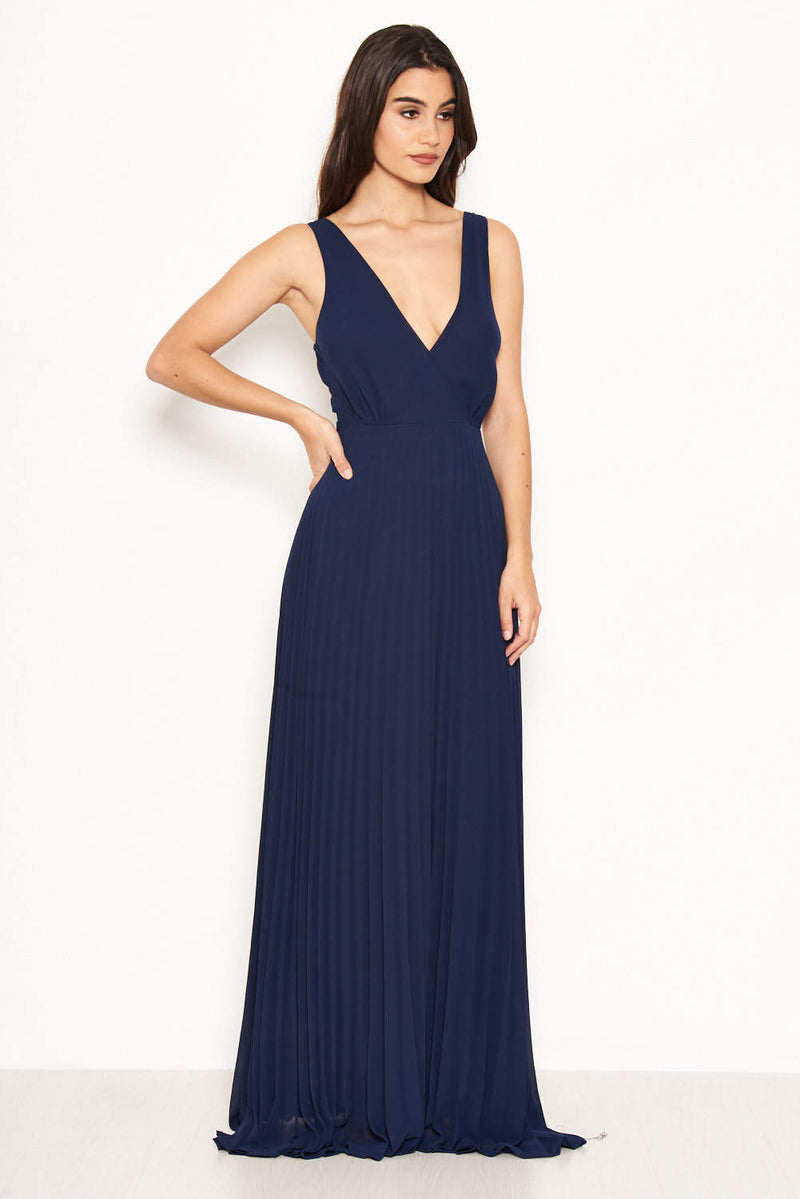 Navy Pleated Maxi Dress With Lace Straps