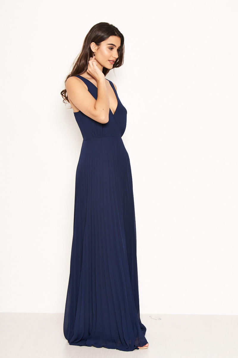 Navy Pleated Maxi Dress With Lace Straps