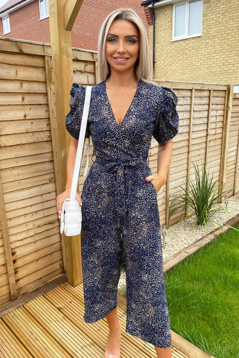 Navy Printed Puff Wrap Over Jumpsuit AX Paris