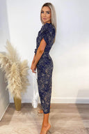 Navy Printed Puff Wrap Over Jumpsuit