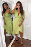 Olive Polka Dot Puff Sleeve Wrap Midi Dress