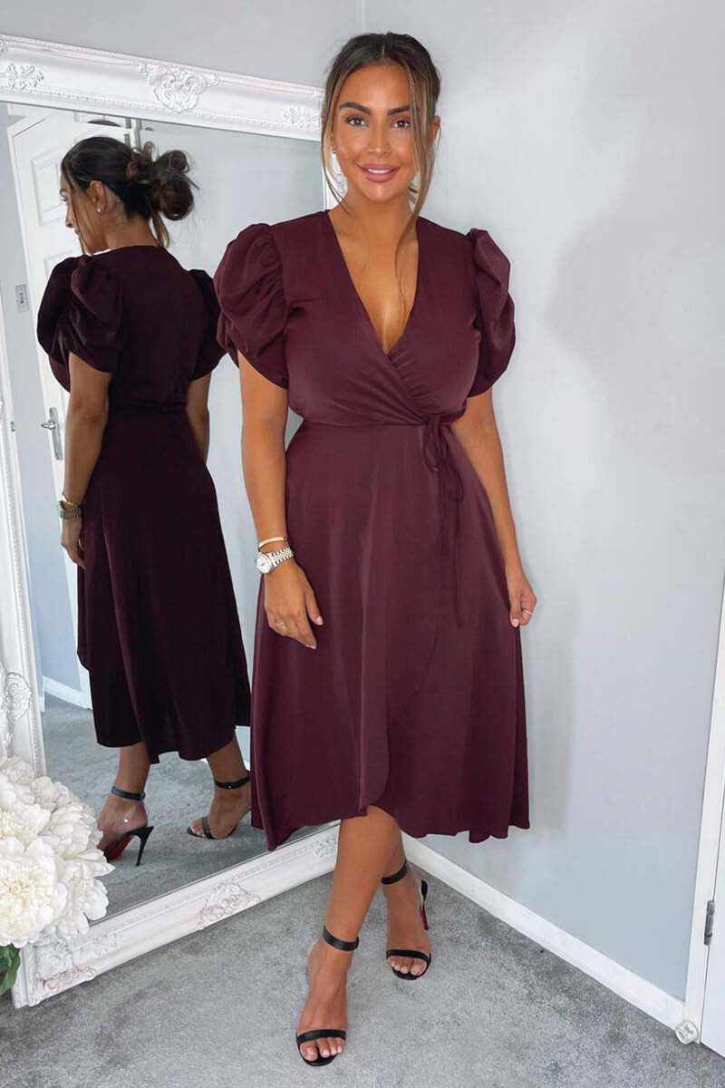 Plum Wrap Over Tie Midi Dress