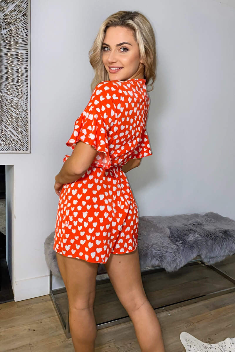 Red Heart Print Wrap Playsuit