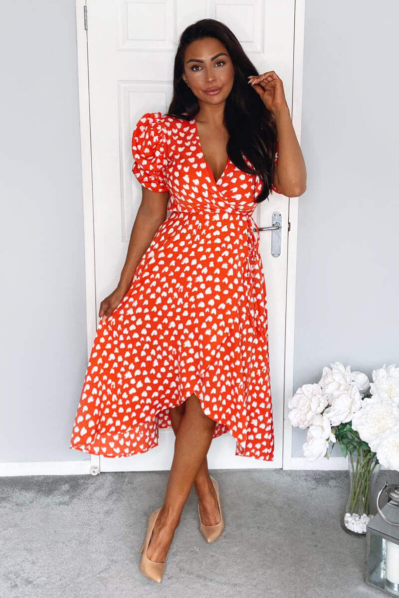 Red Heart Printed Wrap Midi Dress