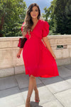 Red Wrap Over Tie Midi Dress