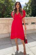 Red Wrap Over Tie Midi Dress