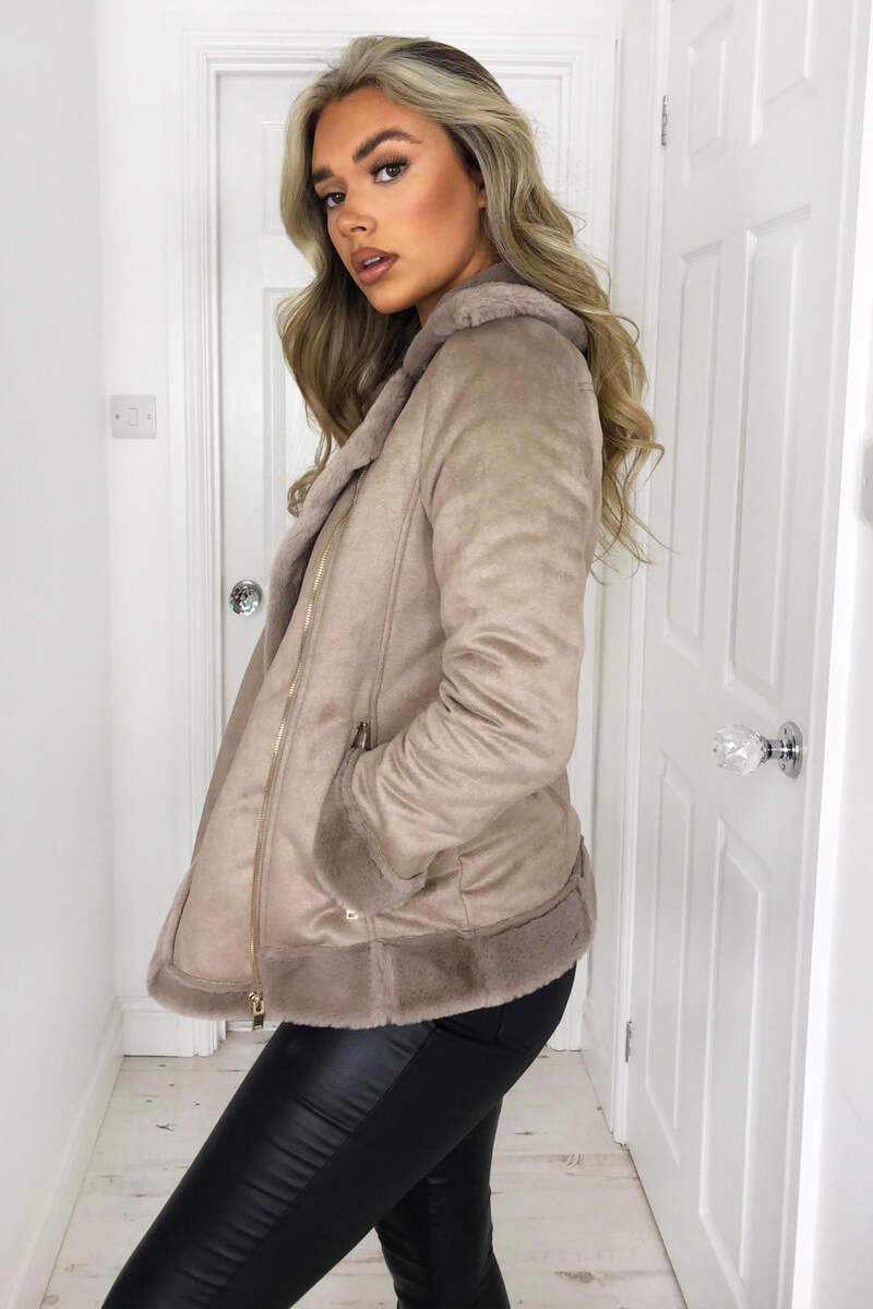 Stone Faux Suede Aviator Jacket