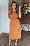 Tan Pleated Sleeve Split Leg Midi Dress