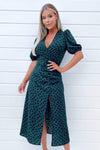 Teal Heart Printed Ruched Side Midi Dress