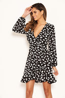 Black Printed Long Sleeved Wrap Dress