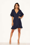 Navy Frill Sleeve Wrap Mini Dress