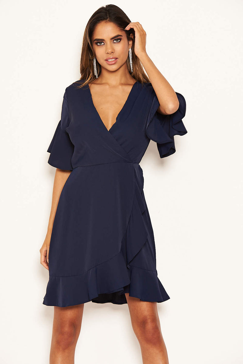 Navy Frill Sleeve Wrap Mini Dress