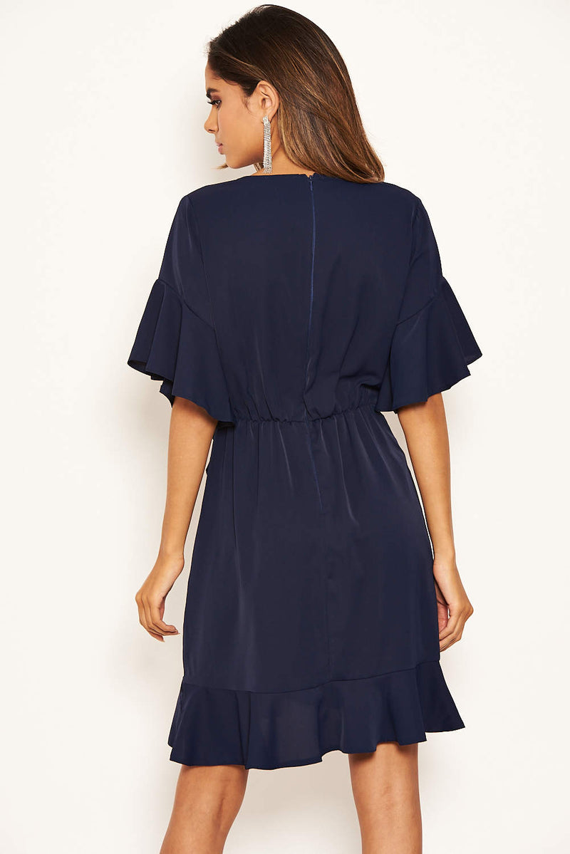 Navy Frill Sleeve Wrap Mini Dress