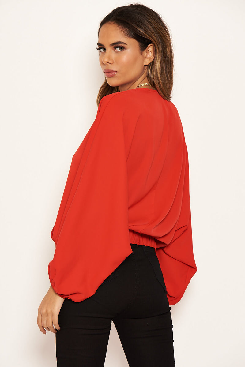 Red Wrap Batwing Sleeve Top