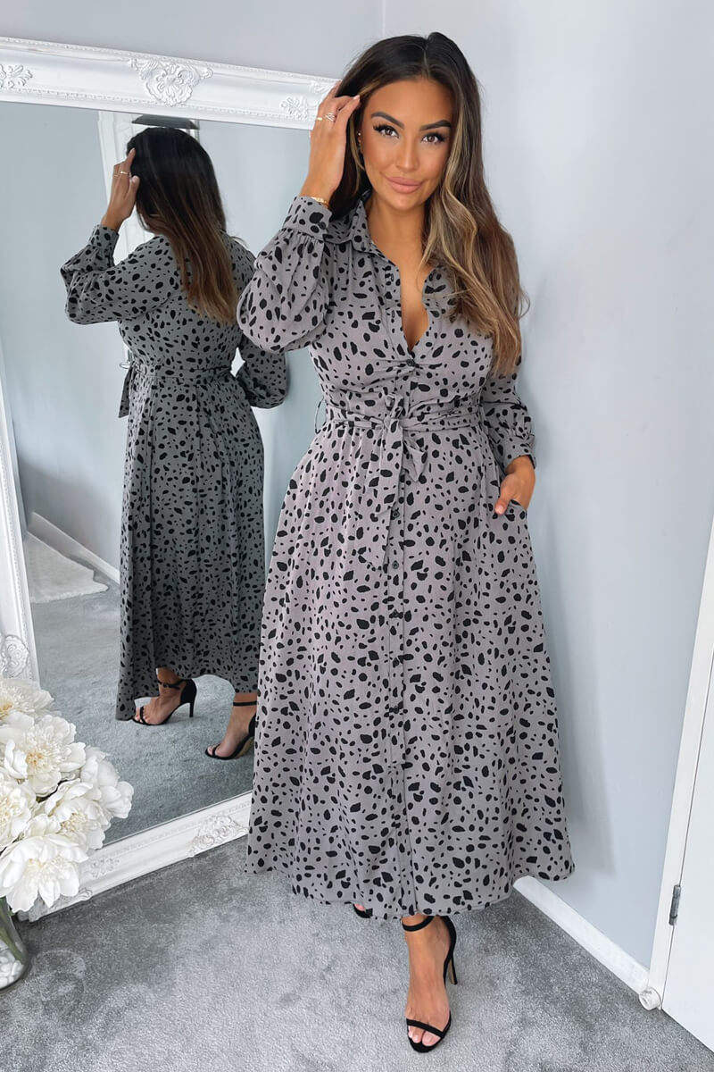 Grey Printed Button Up Midi Dress AX Paris