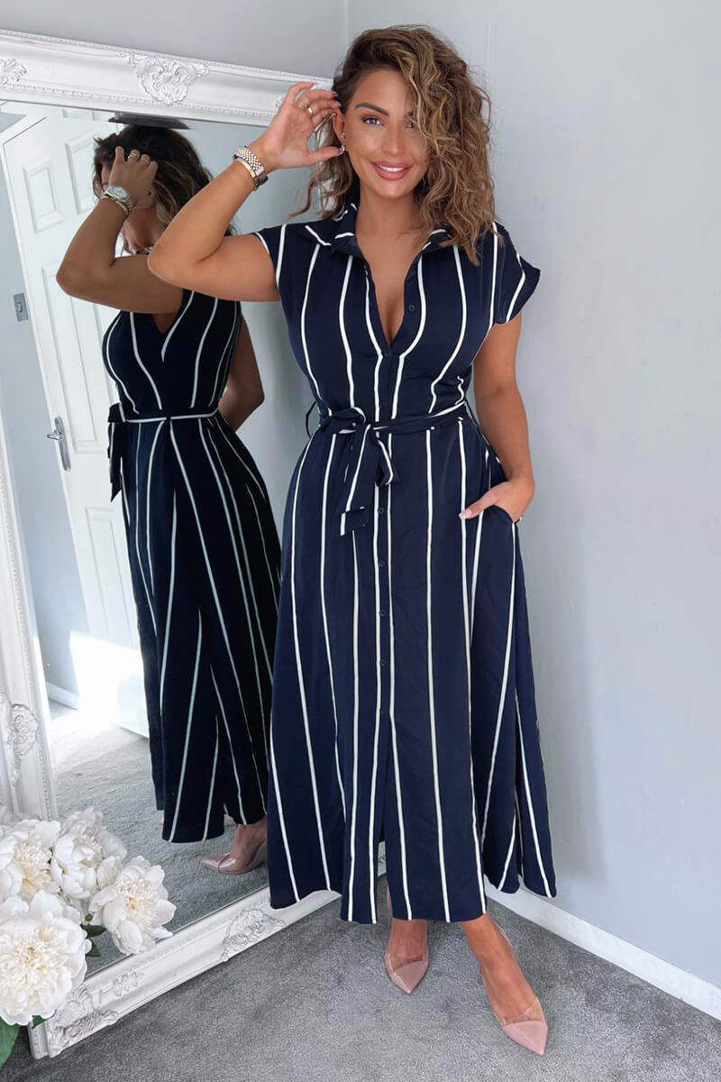 Navy Striped Short Sleeve Midi Shirt Dress – AX Paris