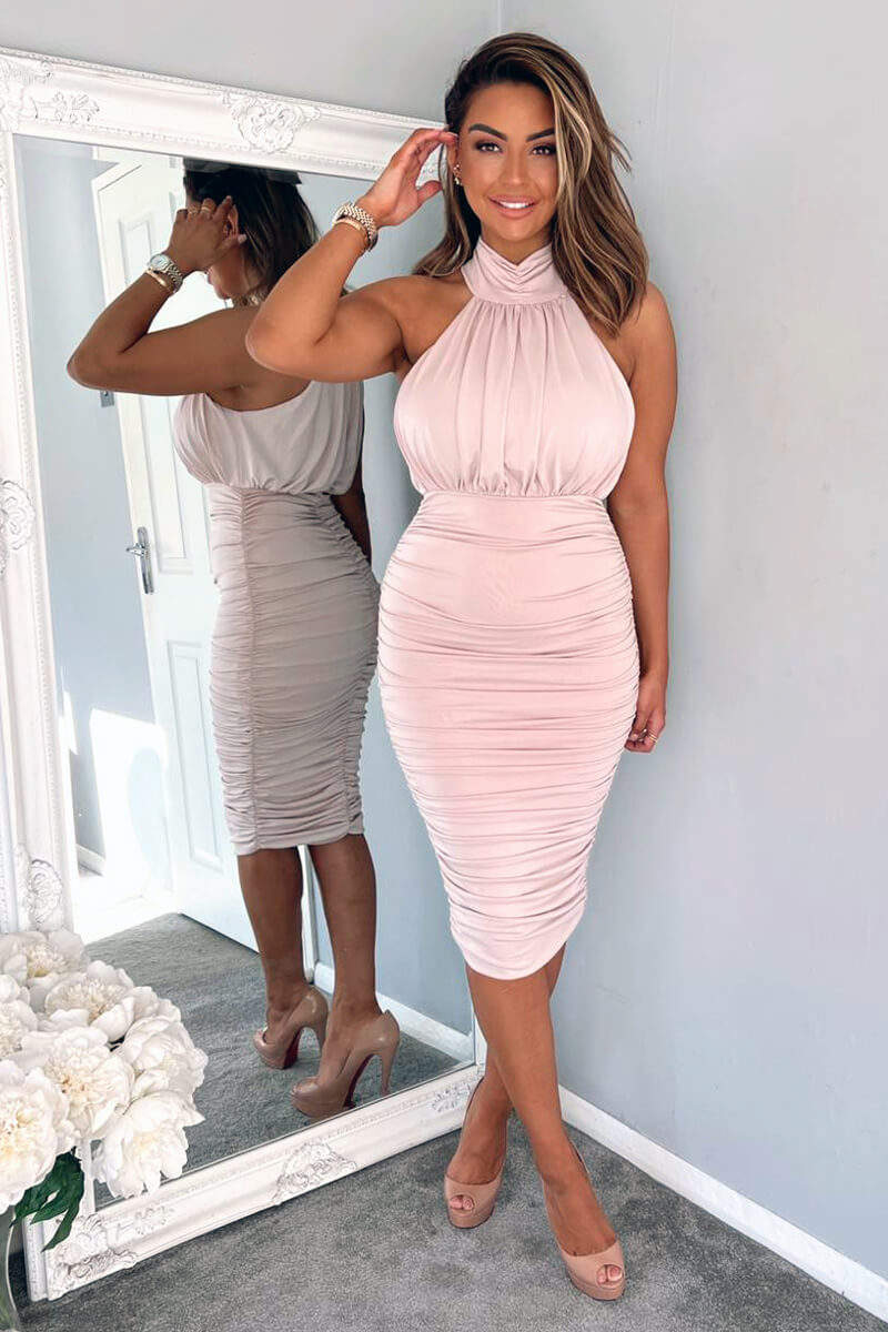 Nude Ruched High Neck Midi Dress AX Paris