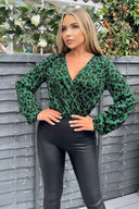 Green Leopard Print Wrap Bodysuit