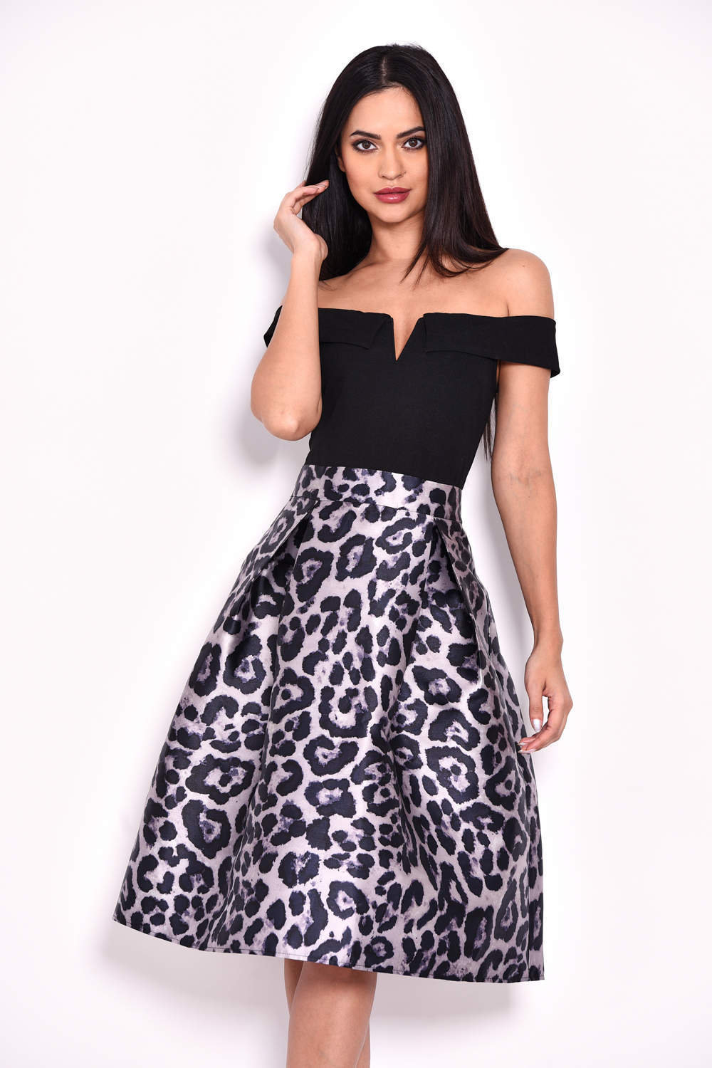 Animal Print 2 in 1 Structured Skirt Bardot Dress AX Paris