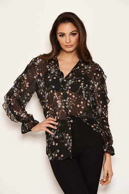 Black Floral Frill Sheer Shirt – AX Paris