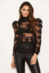 Black Embroidered Sheer Puff Sleeve Top