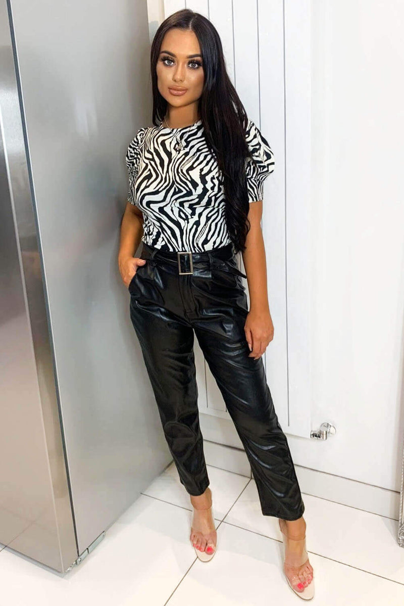 Stone Belted Straight Leg Faux Leather Trousers
