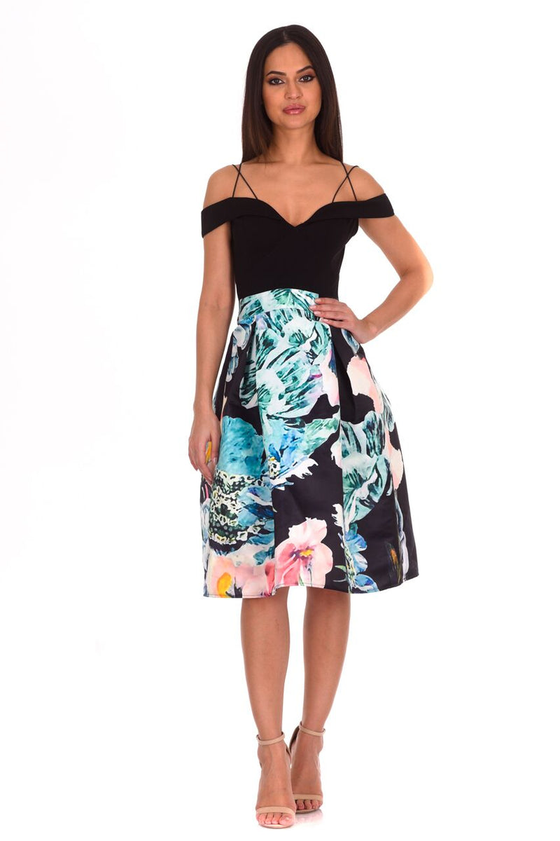 Black Floral Printed Skater Dress