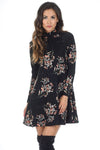 Black High Neck Long Sleeve Floral Dress