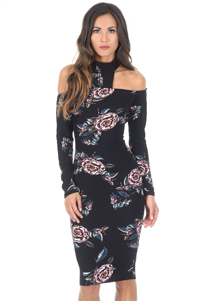 Black Off The Shoulder Floral Midi Bodycon Dress