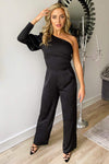 Black One Shoulder Puff Sleeve Jumpsuit